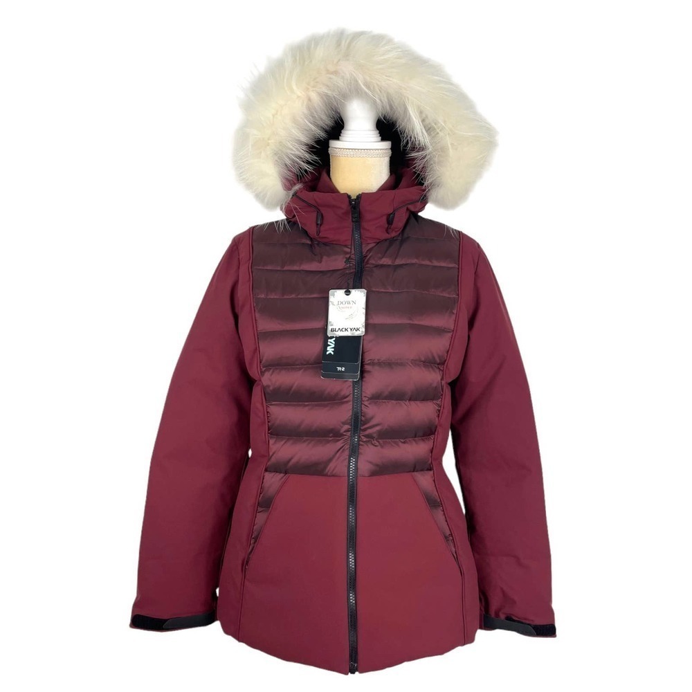Black Yak Goose Down Filled Fur Trim Winter Coat Wine Red Small Warm Snow NWT
